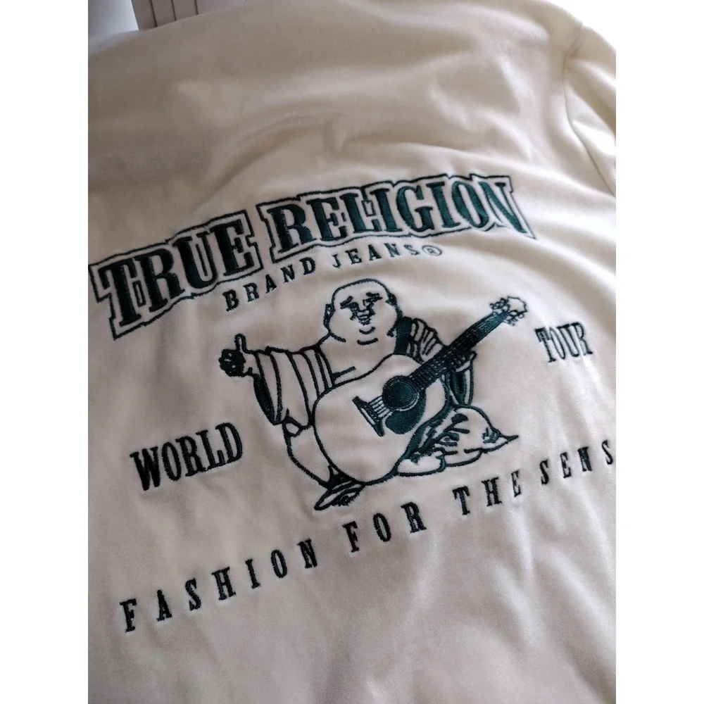 True Religion World Tour Velour Zip Up Hoodie Cream Buddha‎ Logo Small